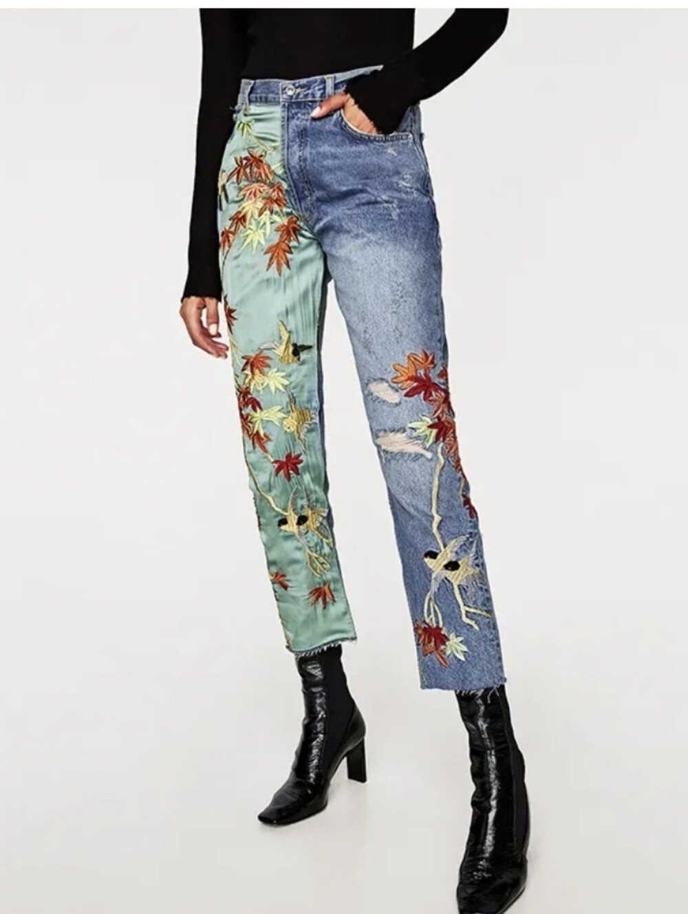 ZARA Two-Tone Embroidered High-Rise Jeans